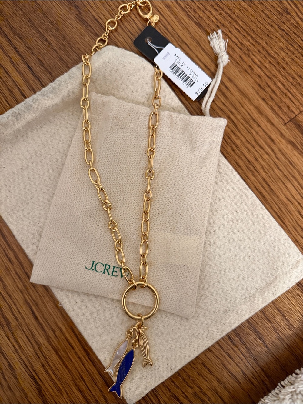 J. Crew Gold-Tone Link Necklace with Blue and White Fish Charms